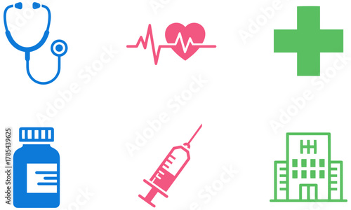 Essential medical icons representing healthcare and wellness, suitable for clinics
