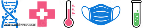 Essential medical icons for health, science, and safety; DNA, cross, mask, and lab icons