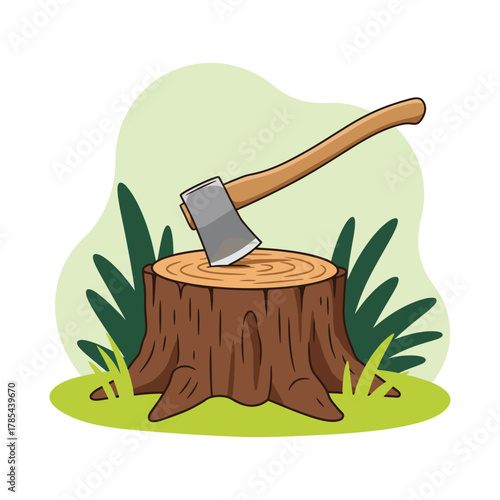 Axe stuck in log stump illustration