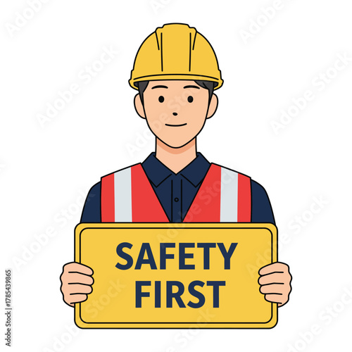 Construction Worker Holding Safety First Sign
