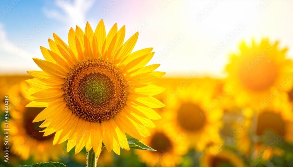 Obraz premium Bright yellow sunflowers blossom across the summer field under a clear blue sky, illustrating natural growth and beauty