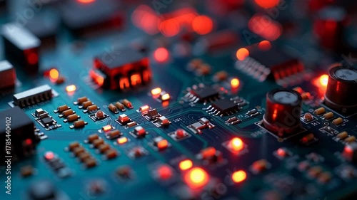 Dynamic circuit board with glowing red LEDs signifies active data flow and cutting edge technological innovation