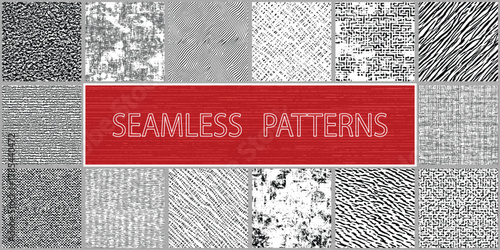 Set of seamless patterns, rough vector background, grunge texture, black and white