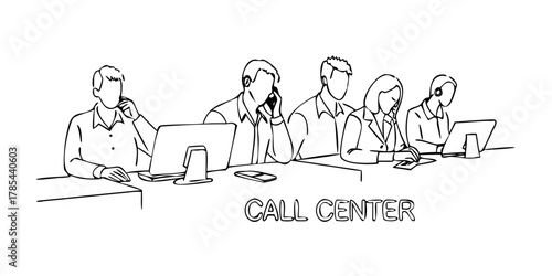 Continuous one line drawing group of call center team members answer purchase order phone call from client. Male and female customer service on job. Single line draw design vector graphic illustration
