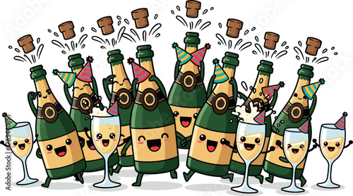 Happy cartoon champagne bottles and glasses celebrating together