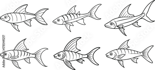 Set of swordtail fish outline vector illustration line art