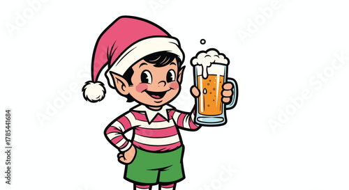 Christmas Elf Holding a Frothy Beer Mug.