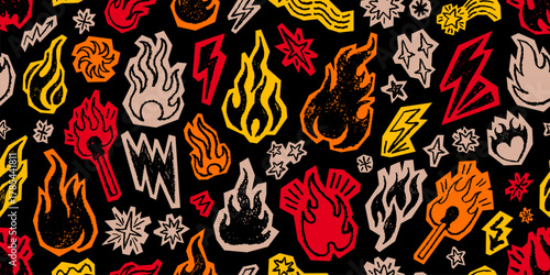 Fire pattern. Flame seamless background. Vector fire illustration. Crayon chalk texture. Red yellow flame repeat graphic. Hand drawn simple seamless pattern. Tattoo smoke black bg. Doodle y2k sketch