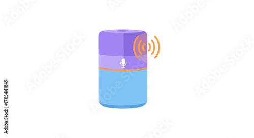 Modern voice assistant speaker with sound waves and microphone icon