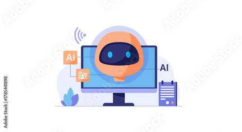 Artificial intelligence bot head displayed on a computer screen for technology