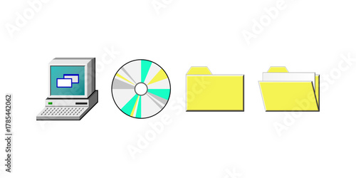 Vintage Windows 98 icon set including My Computer, Compact Disc, Files, and Folder icons featuring classic retro design, nostalgic pixel art, and old-school user interface aesthetics.