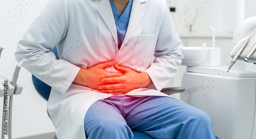 Healthcare professional with stomach pain. Doctor experiencing abdominal discomfort, indigestion, or illness in a medical clinic.