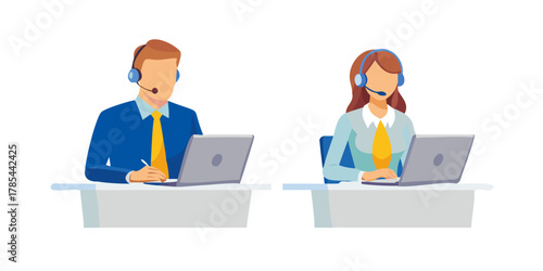 Call center, hotline workers. Man and woman in headphones with microphone at laptop. Customer support department staff, telemarketing agents. Vector illustration isolated on white background. See Less