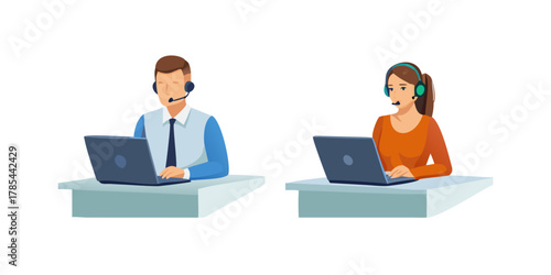 Call center, hotline workers. Man and woman in headphones with microphone at laptop. Customer support department staff, telemarketing agents. Vector illustration isolated on white background. See Less