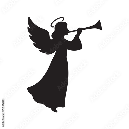 Silhouette of an angel playing a trumpet, representing a celestial messenger or a Christmas theme