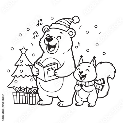 Bear and squirrel christmas carol scene coloring page