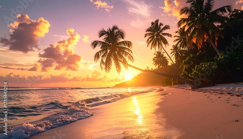 Fototapeta Naklejka Na Ścianę i Meble -  Tropical beach sunset with palm trees, serene ocean, and golden hues