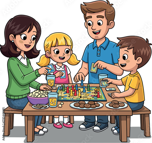 Happy family playing a board game together at a wooden table