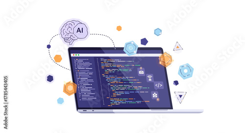 Software Development with AI Integration and Code on Laptop Screen Display