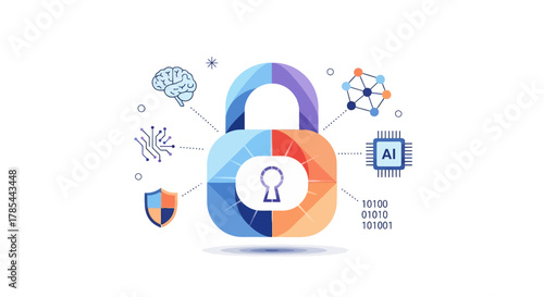 Digital data security concept with padlock, AI, and brain for protection