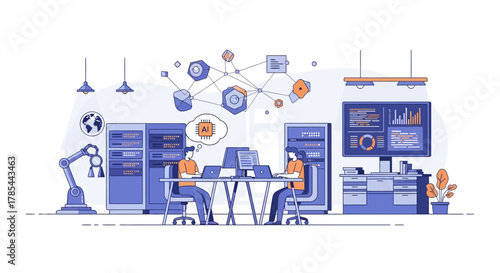 Innovative Data Analysis and AI Development Collaboration in a Modern Office