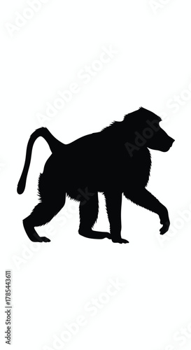 Silhouette of a baboon walking on a white background.