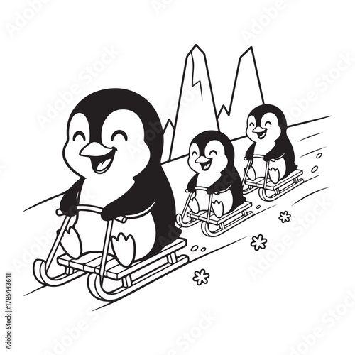 Penguins sledding down snowy mountain coloring page