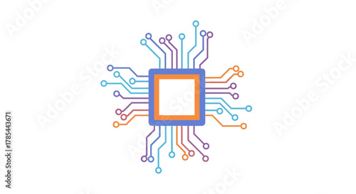 Colorful Digital Microchip: Illustration of a Computer Processor or CPU Unit