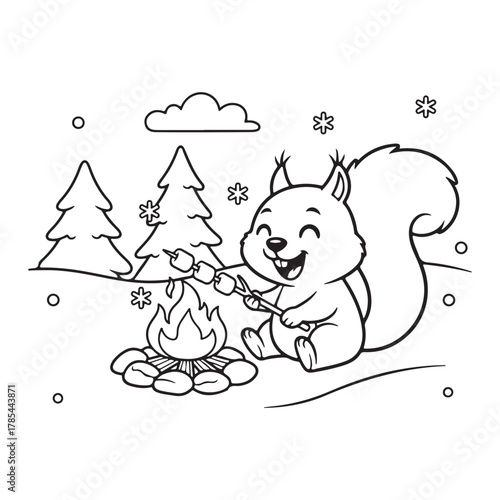 Squirrel roasting marshmallows in winter coloring page