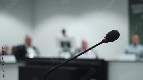 Close up of black conference microphone prepared for public speech or corporate presentation indoors with blurred audience and speaker in background.