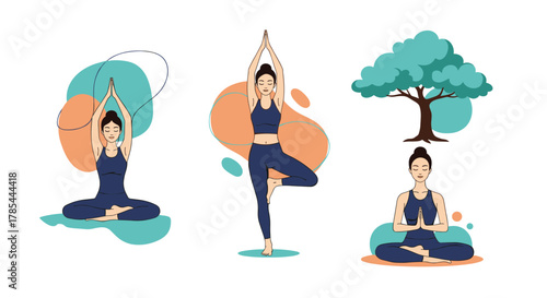 Three women practicing yoga poses in a simplified, abstract style with organic shapes and a tree.