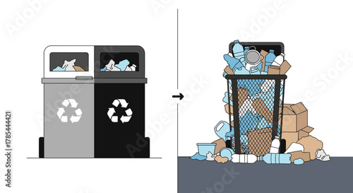 Illustration showing a divided recycling bin contrasted with an overflowing trash can full of recyclables.