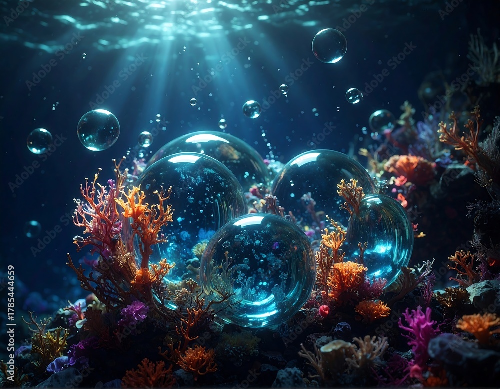 Fototapeta premium Underwater scene depicts bubbles floating amongst vibrant coral