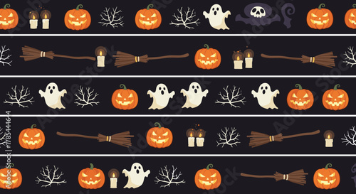 Halloween themed seamless pattern with pumpkins, ghosts, brooms and candles.