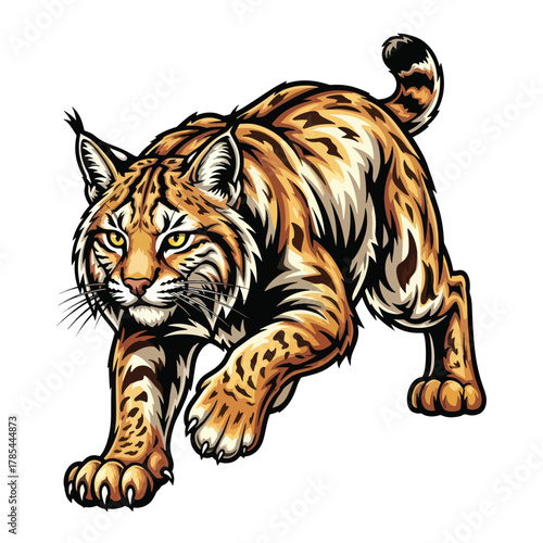 Illustration of a fierce bobcat stalking forward with intense yellow eyes.