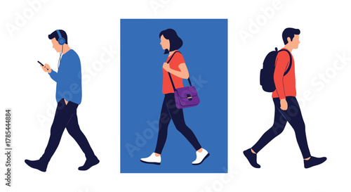 Three diverse individuals walking in casual attire on a white background.