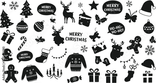 Black Christmas Icons and Symbols Silhouette Collection holiday celebration