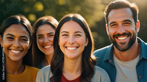 A diverse group of four happy young friends smiling together outdoors in the warm sunlight.