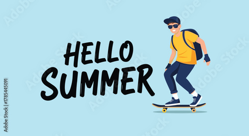 Young man wearing sunglasses and a backpack skateboarding to celebrate summer.