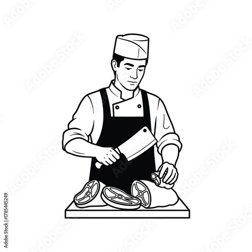 Butcher skillfully preparing meat with a large cleaver on a wooden board.