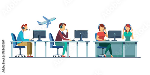 Assistants team with headphones sitting at tables with monitors. Call center service airplane. Scheduling ticket. Hotline flat vector illustrations.