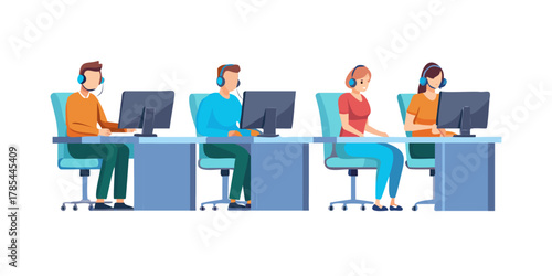 Assistants team with headphones sitting at tables with monitors. Call center service airplane. Scheduling ticket. Hotline flat vector illustrations.