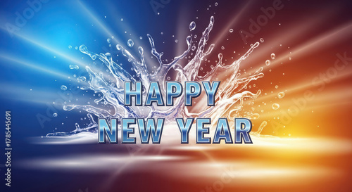 Happy new year text with dynamic water splash on vibrant gradient background.