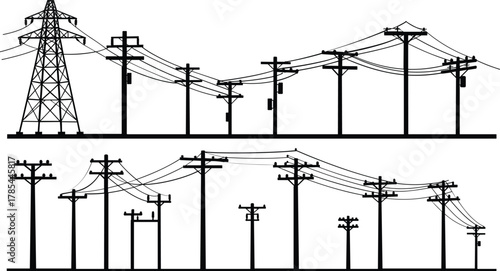 Black silhouette of power lines and transmission towers against white background electricity utility pole