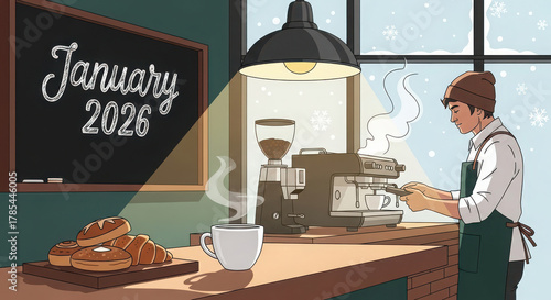 Barista preparing fresh coffee in cozy cafe with january 2026 chalkboard
