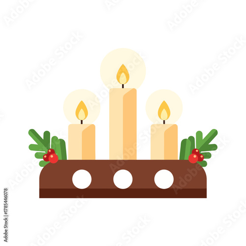 Holiday Candle Holder Festive Christmas Decoration with Glowing Flames and Evergreen Sprigs