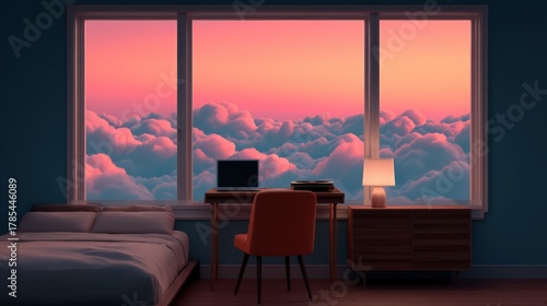 A serene bedroom features large windows revealing a stunning sunset over clouds, creating a peaceful and dreamy atmosphere.