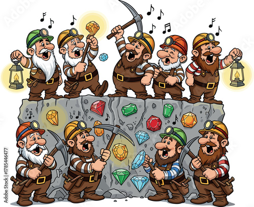 Happy singing mining dwarves working in a gem filled mine