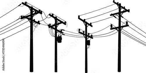 Black silhouette of two utility poles with wires and transformers power line electricity