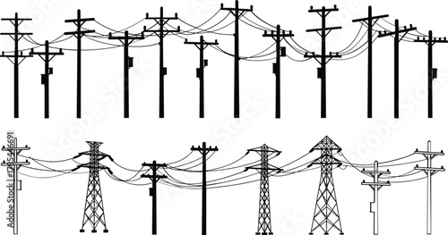 Black silhouette of utility poles and power transmission towers with wires electricity power line